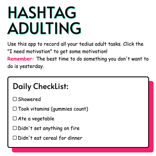 Screenshot of hashtag adulting note taking app.